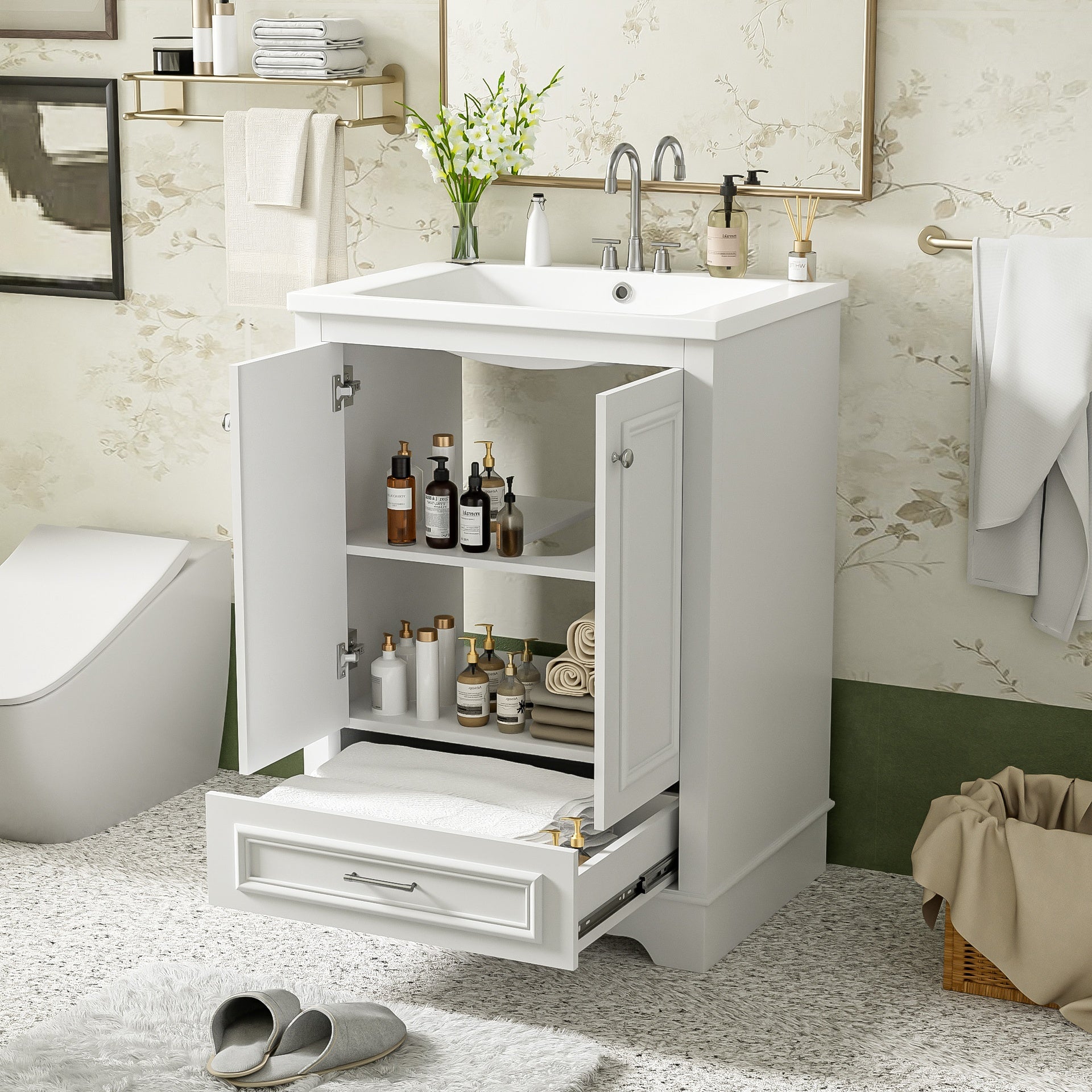24'' Bathroom Vanity with Ceramic Sink Combo, Modern Freestanding Storage Cabinet  with Silver Handles,  Soft Closing Doors