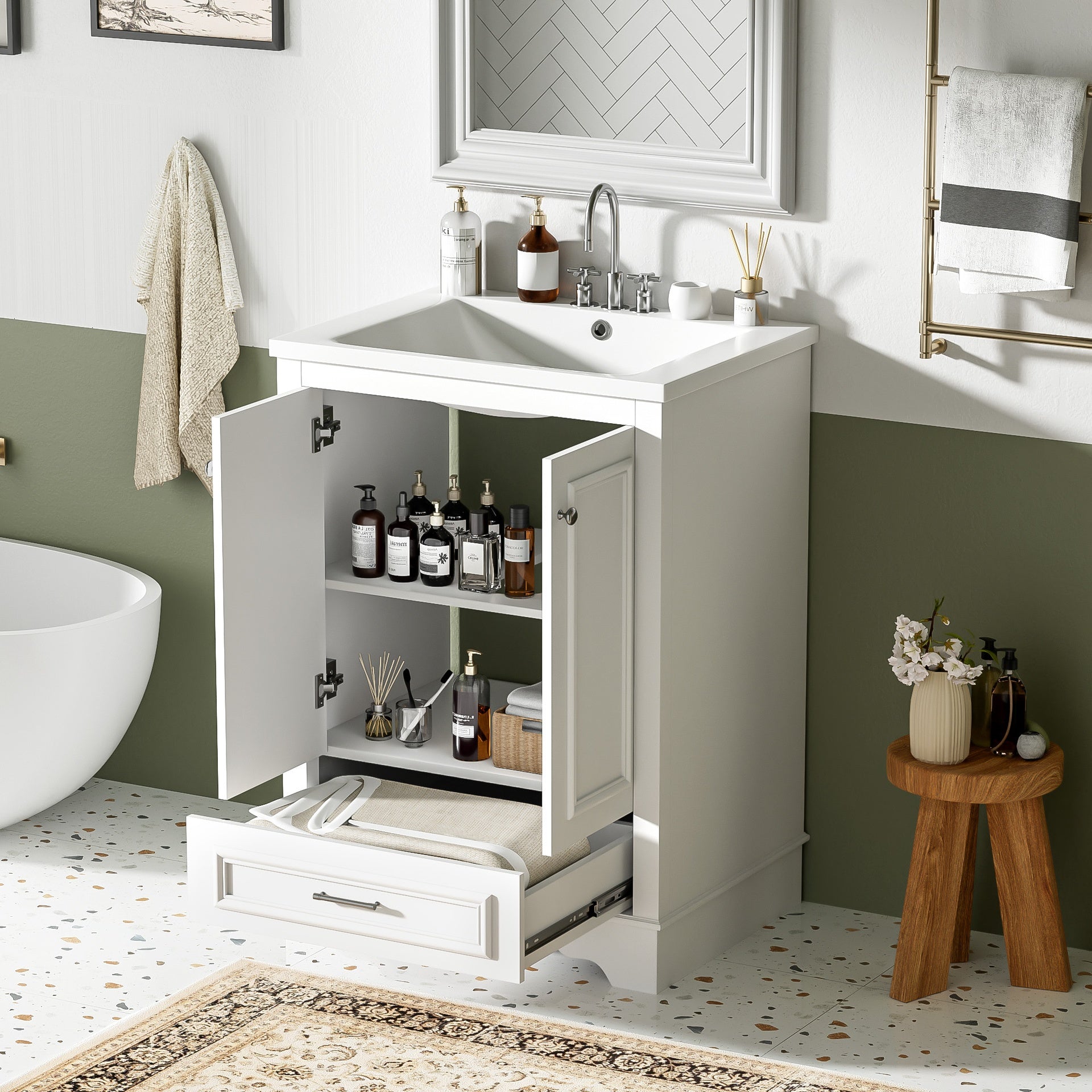 24'' Bathroom Vanity with Ceramic Sink Combo, Modern Freestanding Storage Cabinet  with Silver Handles,  Soft Closing Doors