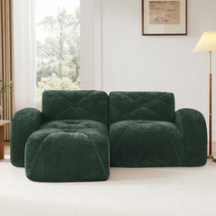 L-shaped Boneless Sofa,Soft Velvet Fabric,Tufted Design,32D High Density Sponge,No Assembly Required,Ergonomic Design Bottom, Anti-Slip Design,Movable Ottoman For Bedrooms,Green