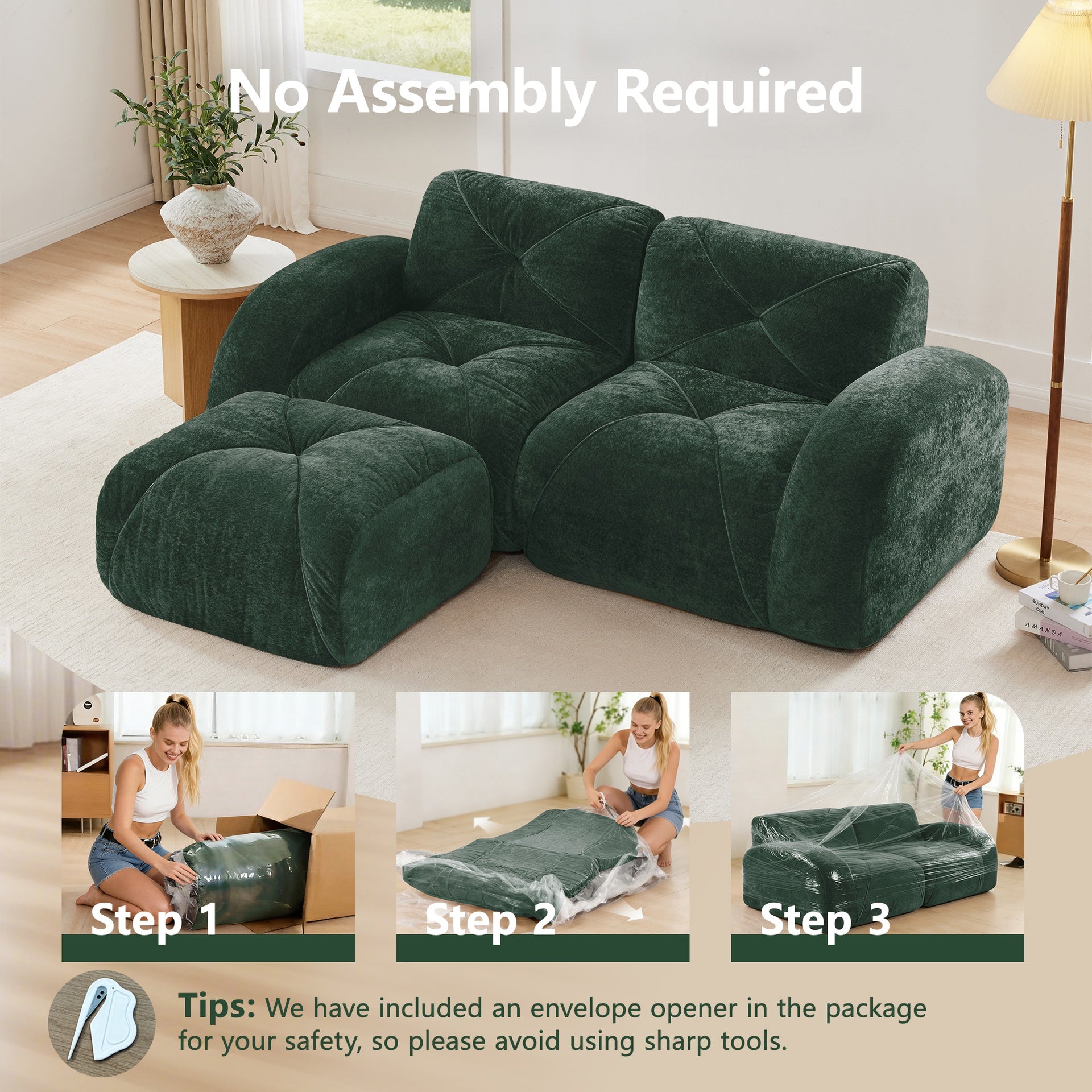L-shaped Boneless Sofa,Soft Velvet Fabric,Tufted Design,32D High Density Sponge,No Assembly Required,Ergonomic Design Bottom, Anti-Slip Design,Movable Ottoman For Bedrooms,Green