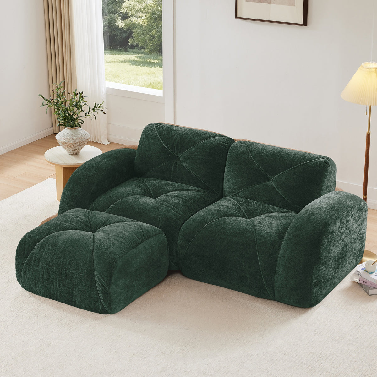 L-shaped Boneless Sofa,Soft Velvet Fabric,Tufted Design,32D High Density Sponge,No Assembly Required,Ergonomic Design Bottom, Anti-Slip Design,Movable Ottoman For Bedrooms,Green