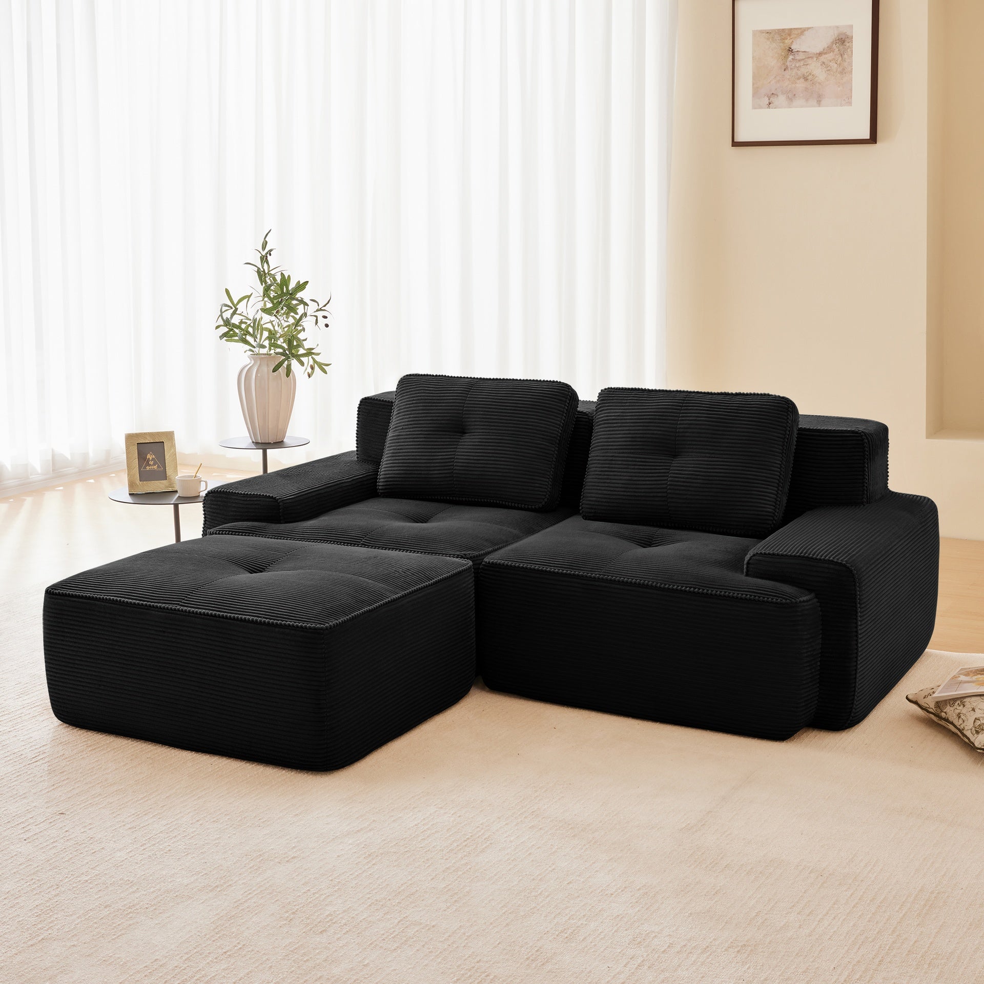 82" Modern L-Shaped Modular Sectional Sofa for Living Room, Corduroy Fabric, 2-Seater Couch with Deep Seat and Movable Ottoman, Pearl-like piping, Tufted Design, No Assembly, Anti-slip Design, Black
