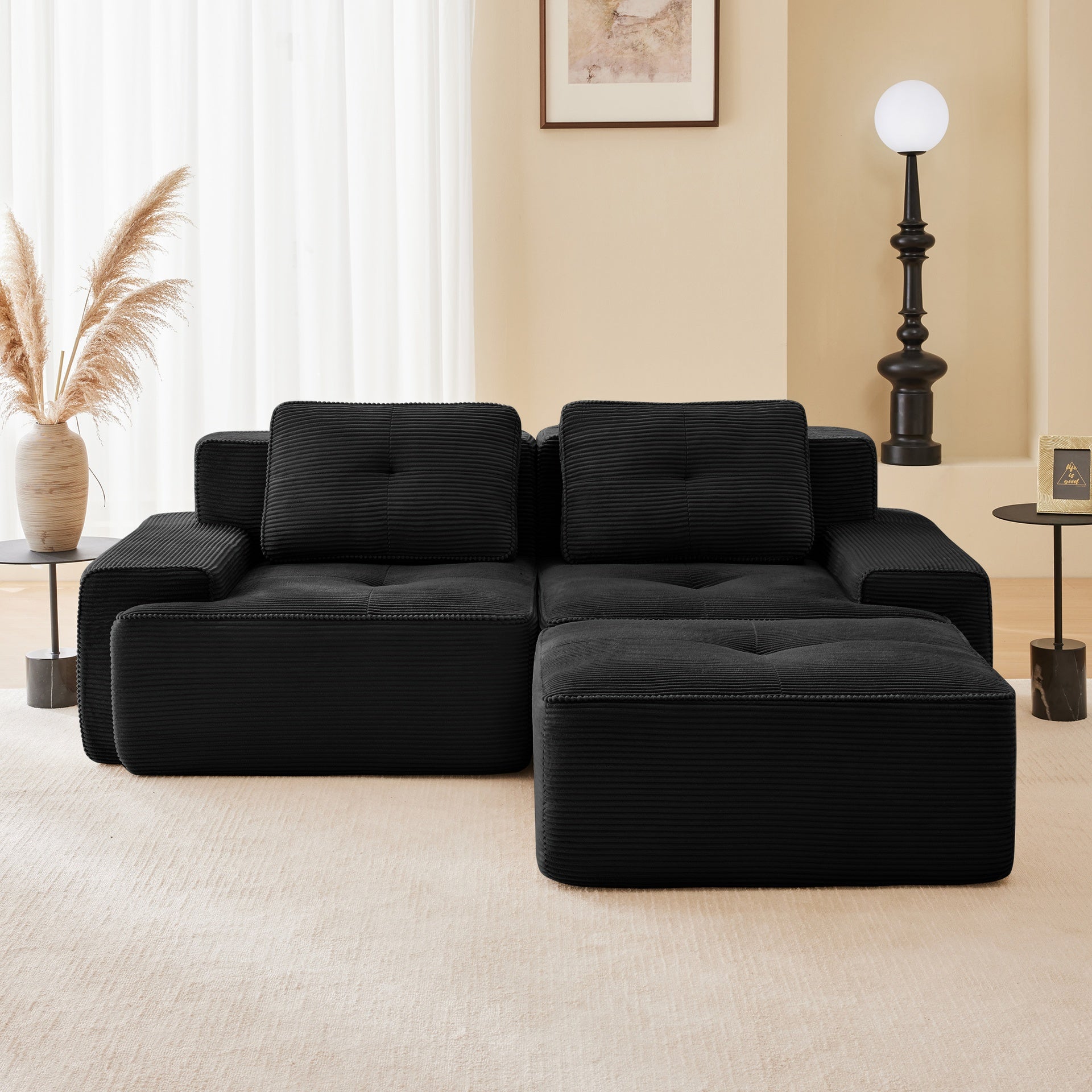 82" Modern L-Shaped Modular Sectional Sofa for Living Room, Corduroy Fabric, 2-Seater Couch with Deep Seat and Movable Ottoman, Pearl-like piping, Tufted Design, No Assembly, Anti-slip Design, Black