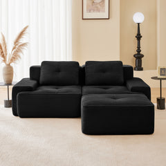 82" Modern L-Shaped Modular Sectional Sofa for Living Room, Corduroy Fabric, 2-Seater Couch with Deep Seat and Movable Ottoman, Pearl-like piping, Tufted Design, No Assembly, Anti-slip Design, Black