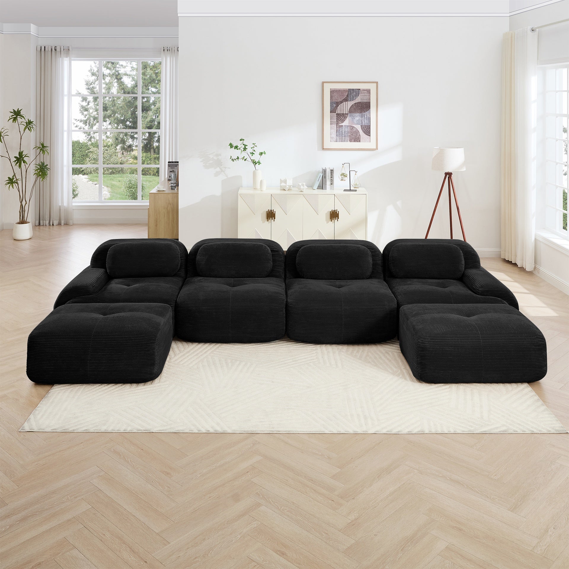 U-shaped modular sofa no assembly breathable corduroy fabric 32D high-resilience sponge extra-wide curved armrests pet-friendly ergonomic design for living rooms bedrooms,Black