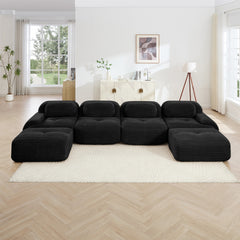 U-shaped modular sofa no assembly breathable corduroy fabric 32D high-resilience sponge extra-wide curved armrests pet-friendly ergonomic design for living rooms bedrooms,Black
