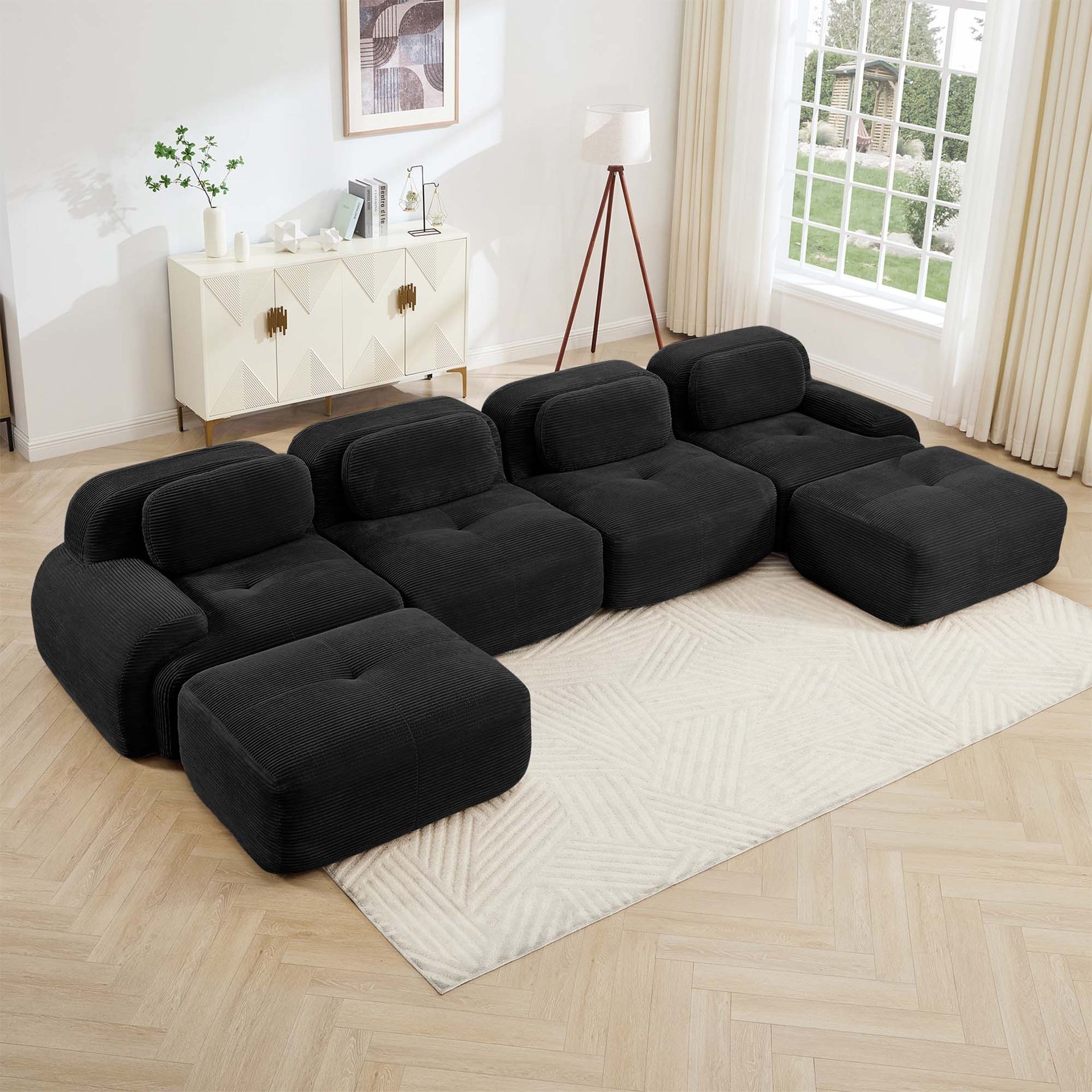 U-shaped modular sofa no assembly breathable corduroy fabric 32D high-resilience sponge extra-wide curved armrests pet-friendly ergonomic design for living rooms bedrooms,Black