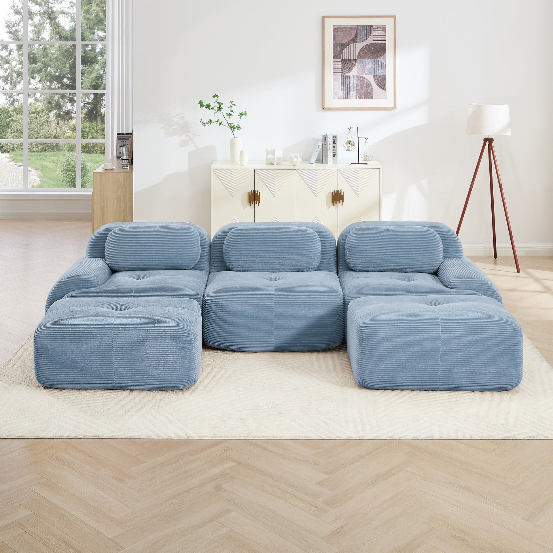 U-shaped modular sofa premiumCorduroy Fabric fabric no assembly anti-slip design pet-friendly extra-wide curved armrests 32D high-resilience sponge for living rooms bedrooms studie,Blue