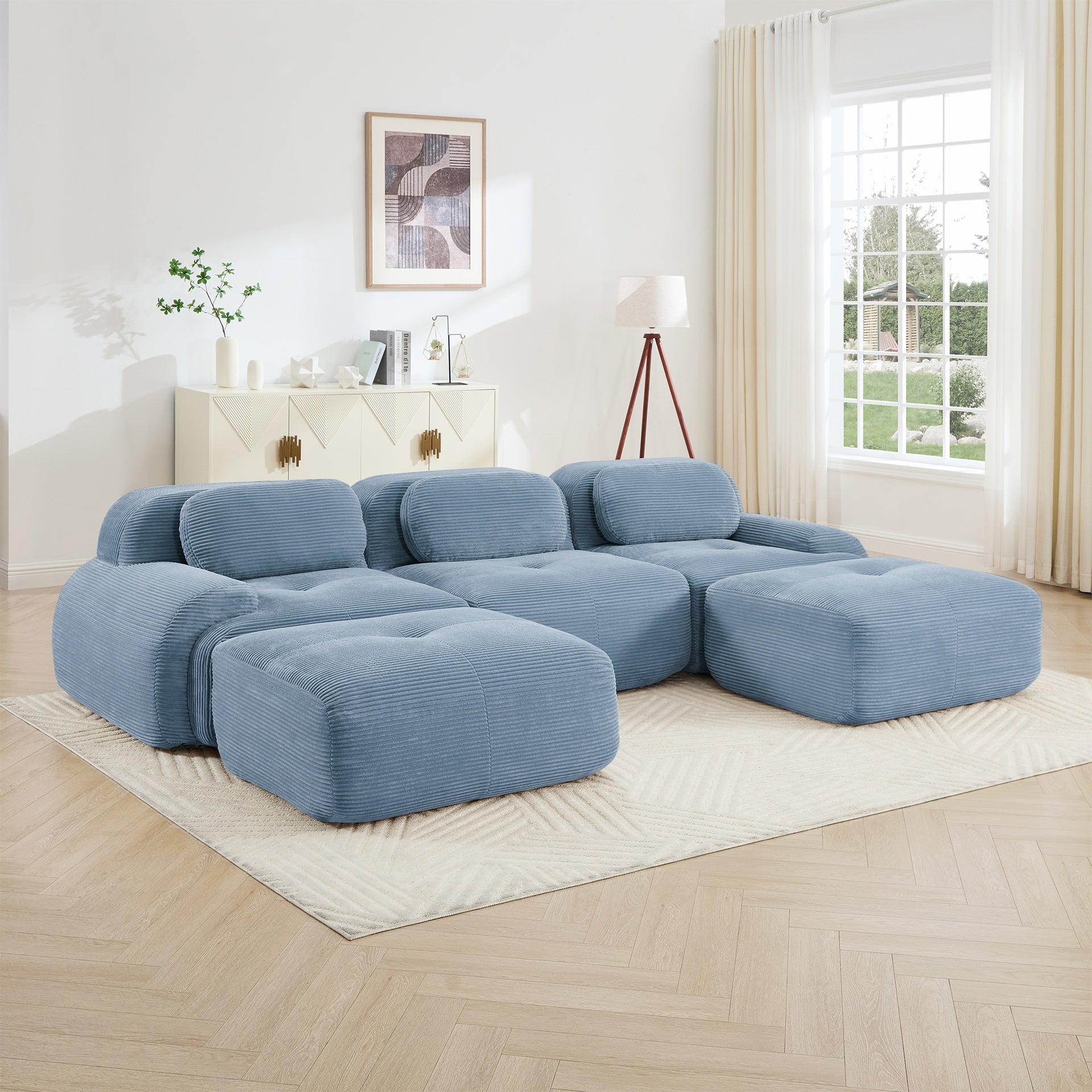 U-shaped modular sofa premiumCorduroy Fabric fabric no assembly anti-slip design pet-friendly extra-wide curved armrests 32D high-resilience sponge for living rooms bedrooms studie,Blue