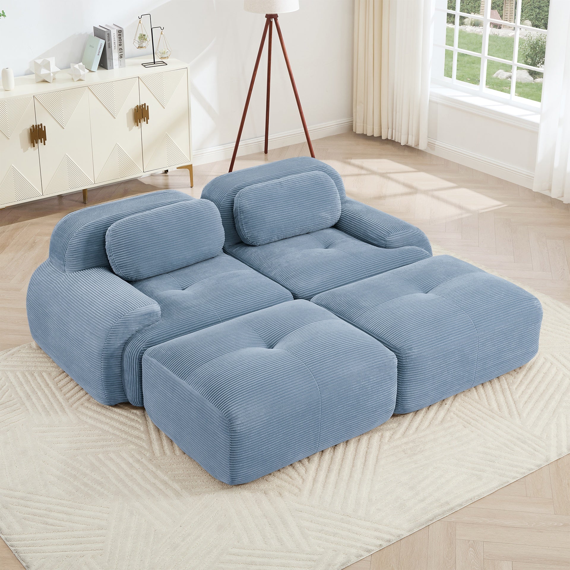 2-seat sofa in luxuryCorduroy Fabric fabric modular multi-combination anti-slip design assembly chaise lounge curved armrests ergonomic support high-resilience sponge for living rooms bedrooms,Blue