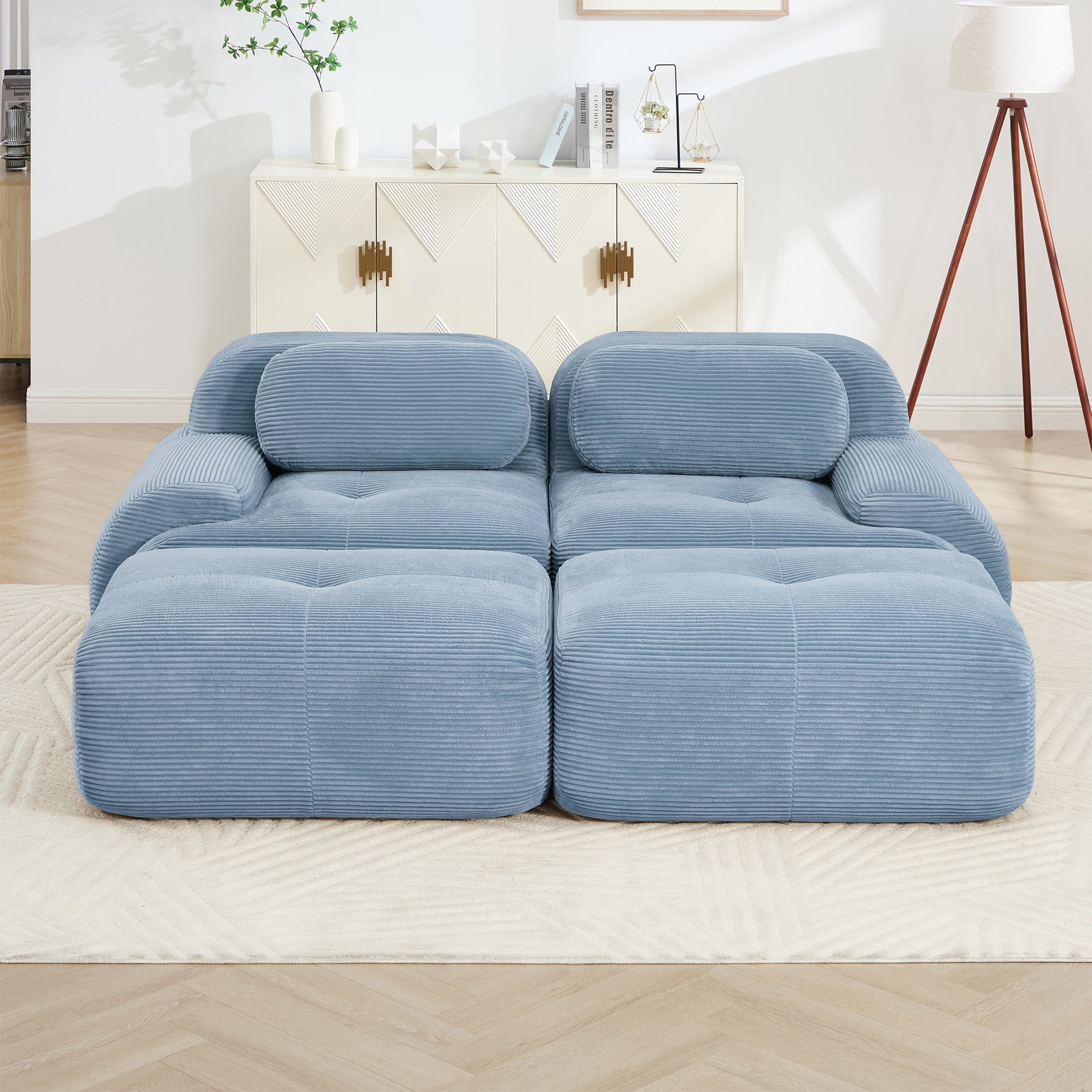 2-seat sofa in luxuryCorduroy Fabric fabric modular multi-combination anti-slip design assembly chaise lounge curved armrests ergonomic support high-resilience sponge for living rooms bedrooms,Blue
