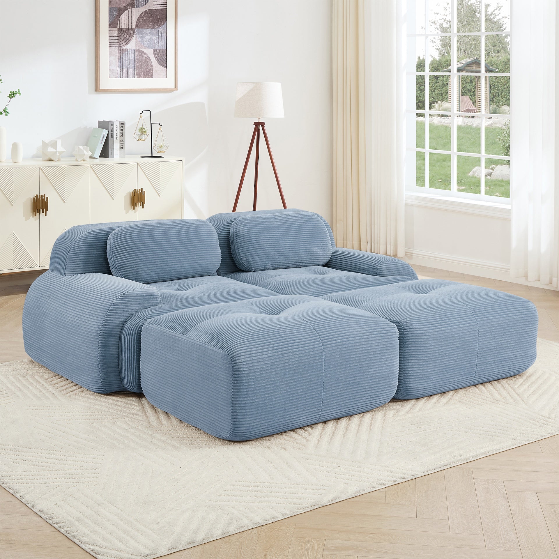 2-seat sofa in luxuryCorduroy Fabric fabric modular multi-combination anti-slip design assembly chaise lounge curved armrests ergonomic support high-resilience sponge for living rooms bedrooms,Blue