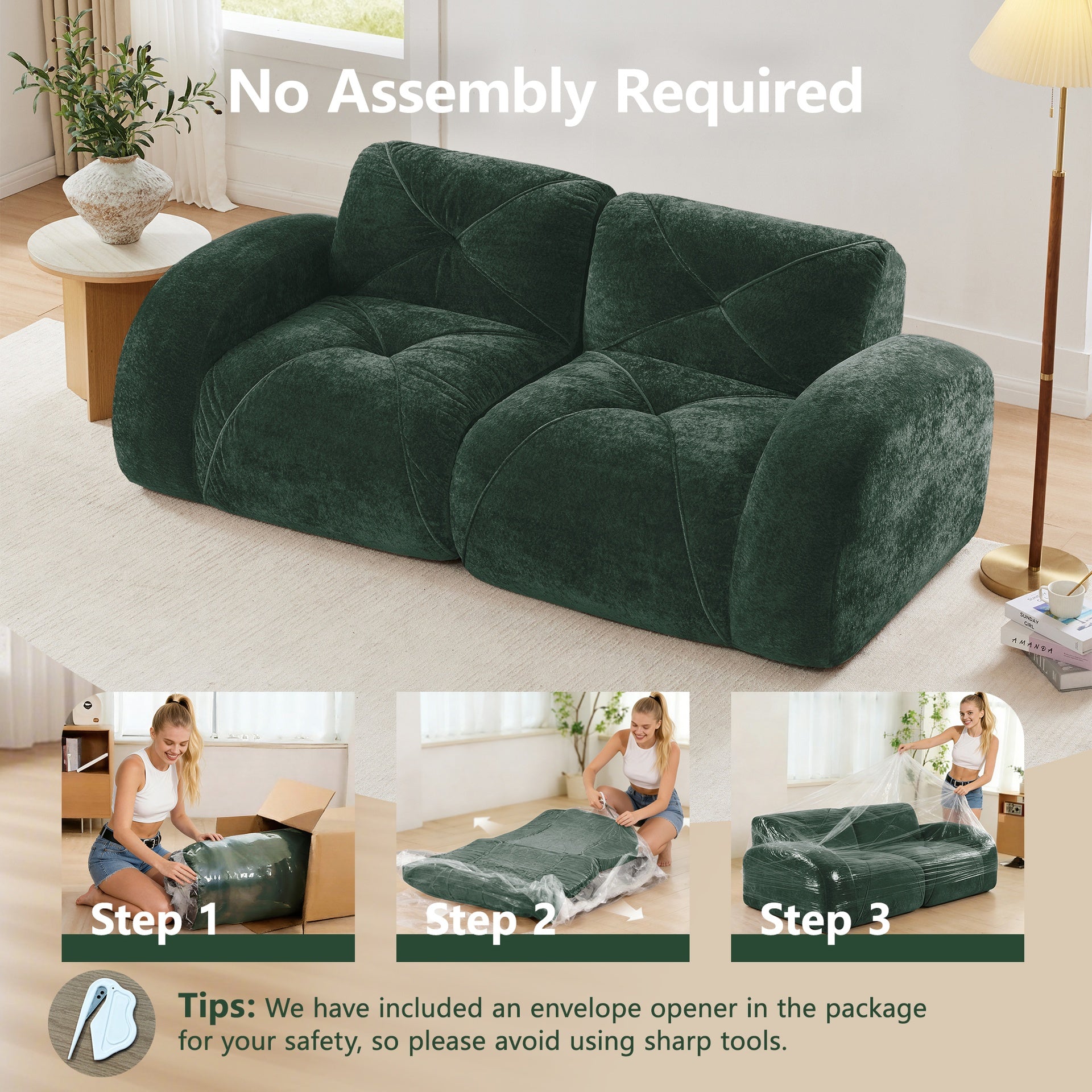 2-seater Tufted Sofa Couches With boneless Sofa,Soft Velvet  Fabric,Bottom Anti-Slip Design,32D High Density Sponge,Ergonomic Design Bottom,No Assembly Required,Fits Living Rooms,Green