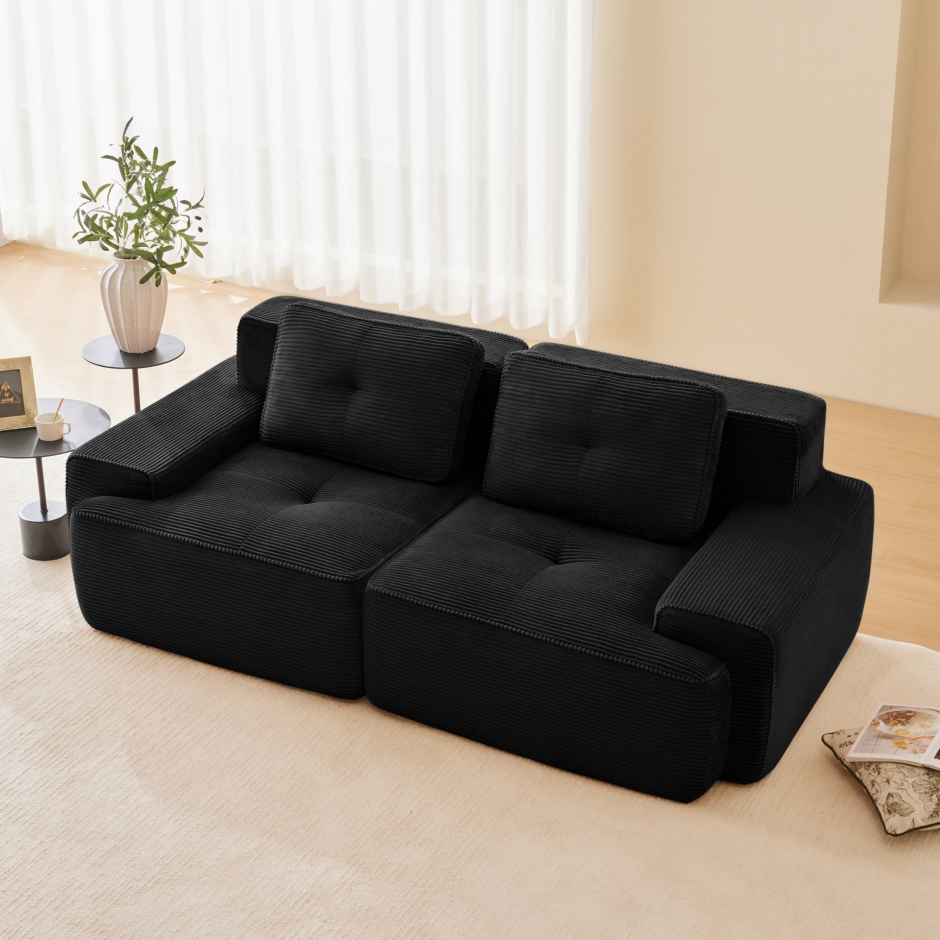 82" Modern L-Shaped Modular Sectional Sofa for Living Room, Corduroy Fabric, 2-Seater Couch with Deep Seat , Pearl-like piping, Tufted Design, No Assembly, Anti-slip Design, Black