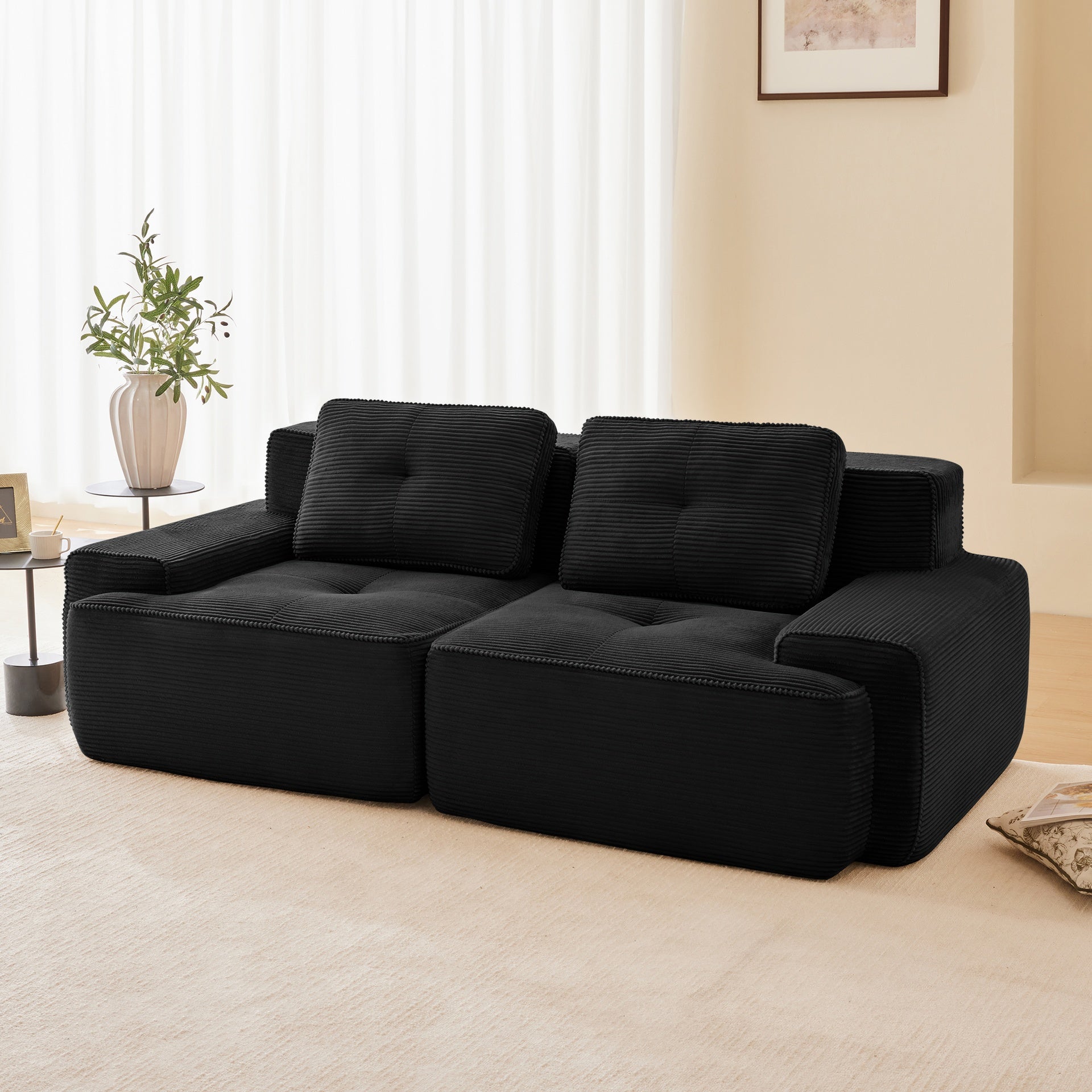 82" Modern L-Shaped Modular Sectional Sofa for Living Room, Corduroy Fabric, 2-Seater Couch with Deep Seat , Pearl-like piping, Tufted Design, No Assembly, Anti-slip Design, Black