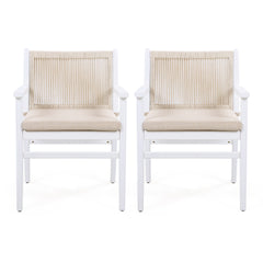 Outdoor Dining Chairs Set of 2, Acacia Wood Patio Armchair with Rope Design Back and Water Repellent Cushion, White Frame, 400lbs Weight Capacity