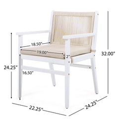 Outdoor Dining Chairs Set of 2, Acacia Wood Patio Armchair with Rope Design Back and Water Repellent Cushion, White Frame, 400lbs Weight Capacity