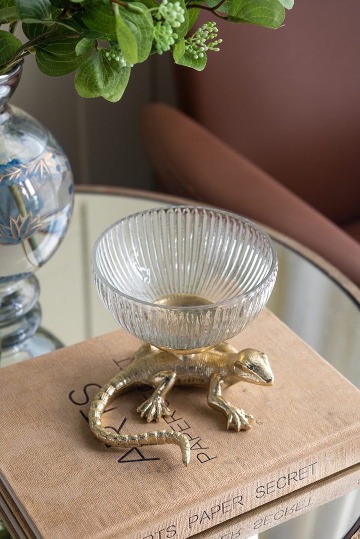 5x5x4.5" Gold Lizard Pedestal Bowl with Ribbed Glass Dish