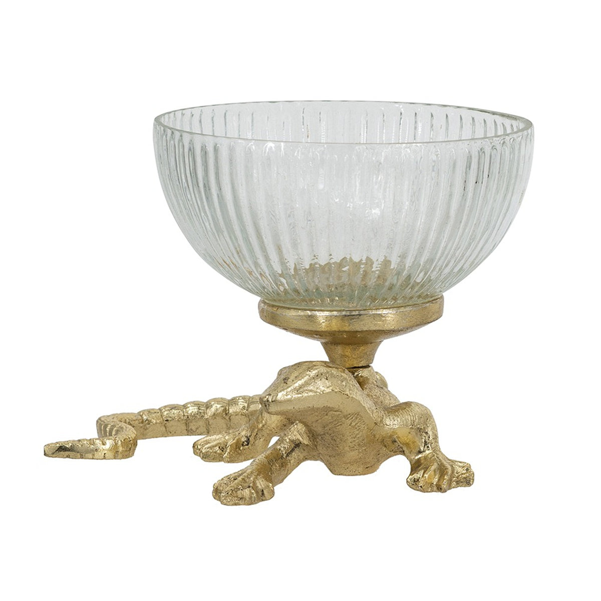5x5x4.5" Gold Lizard Pedestal Bowl with Ribbed Glass Dish