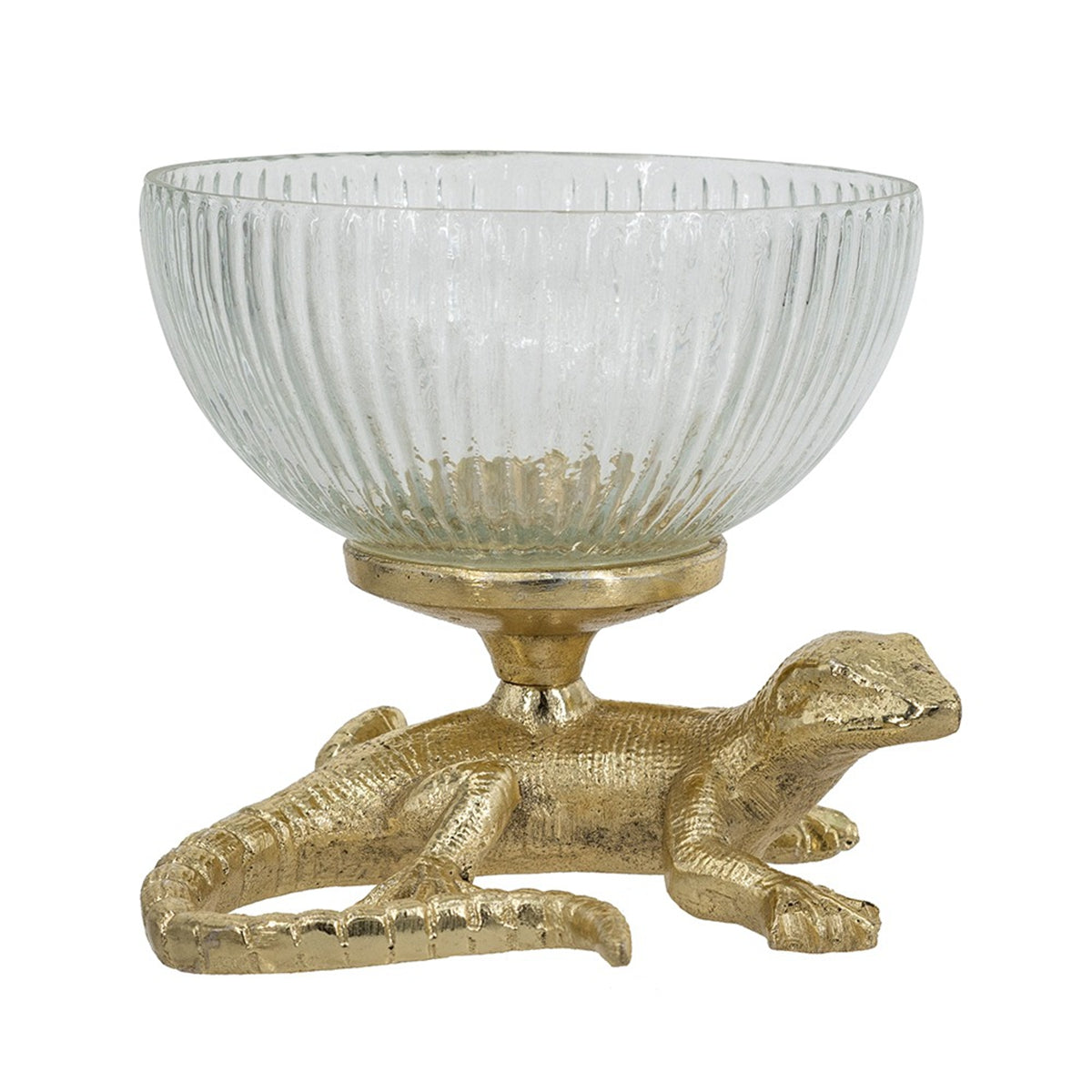 5x5x4.5" Gold Lizard Pedestal Bowl with Ribbed Glass Dish