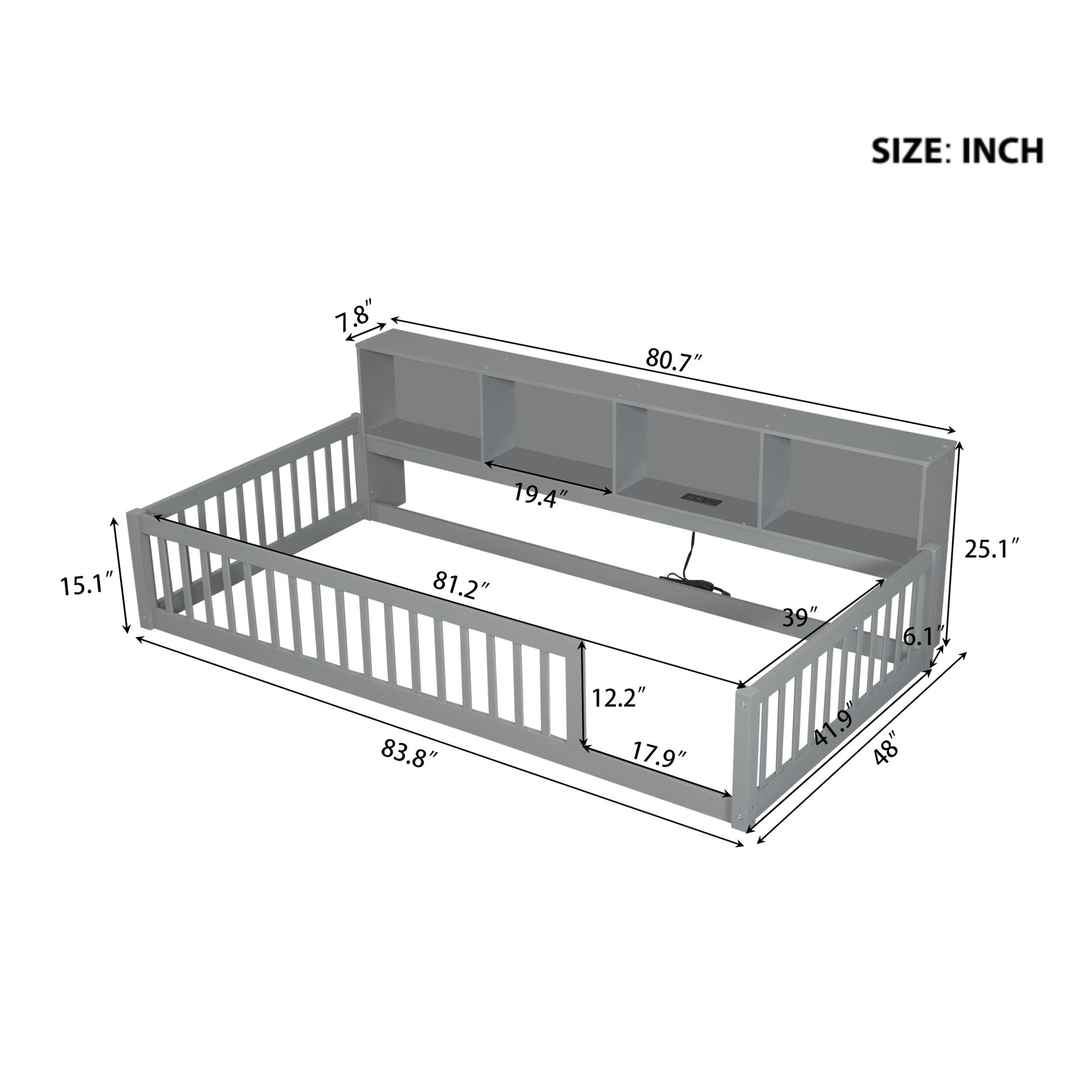 Wood Twin XL Size Floor Bed with Storage Cabinets and USB Ports, Gray
