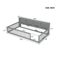 Wood Twin XL Size Floor Bed with Storage Cabinets and USB Ports, Gray