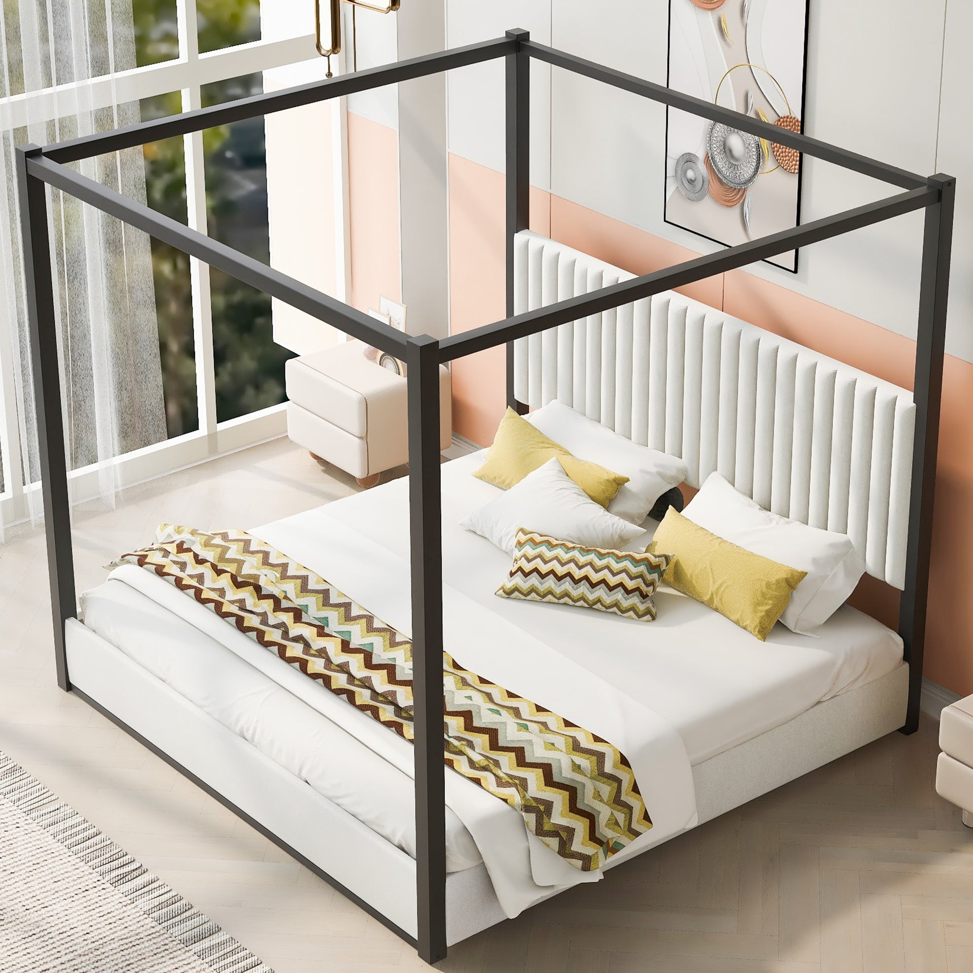 King Size Upholstery Canopy Platform Bed with Headboard and Metal Frame, White