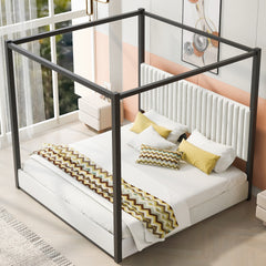 King Size Upholstery Canopy Platform Bed with Headboard and Metal Frame, White