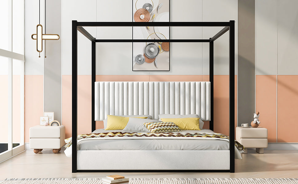 King Size Upholstery Canopy Platform Bed with Headboard and Metal Frame, White