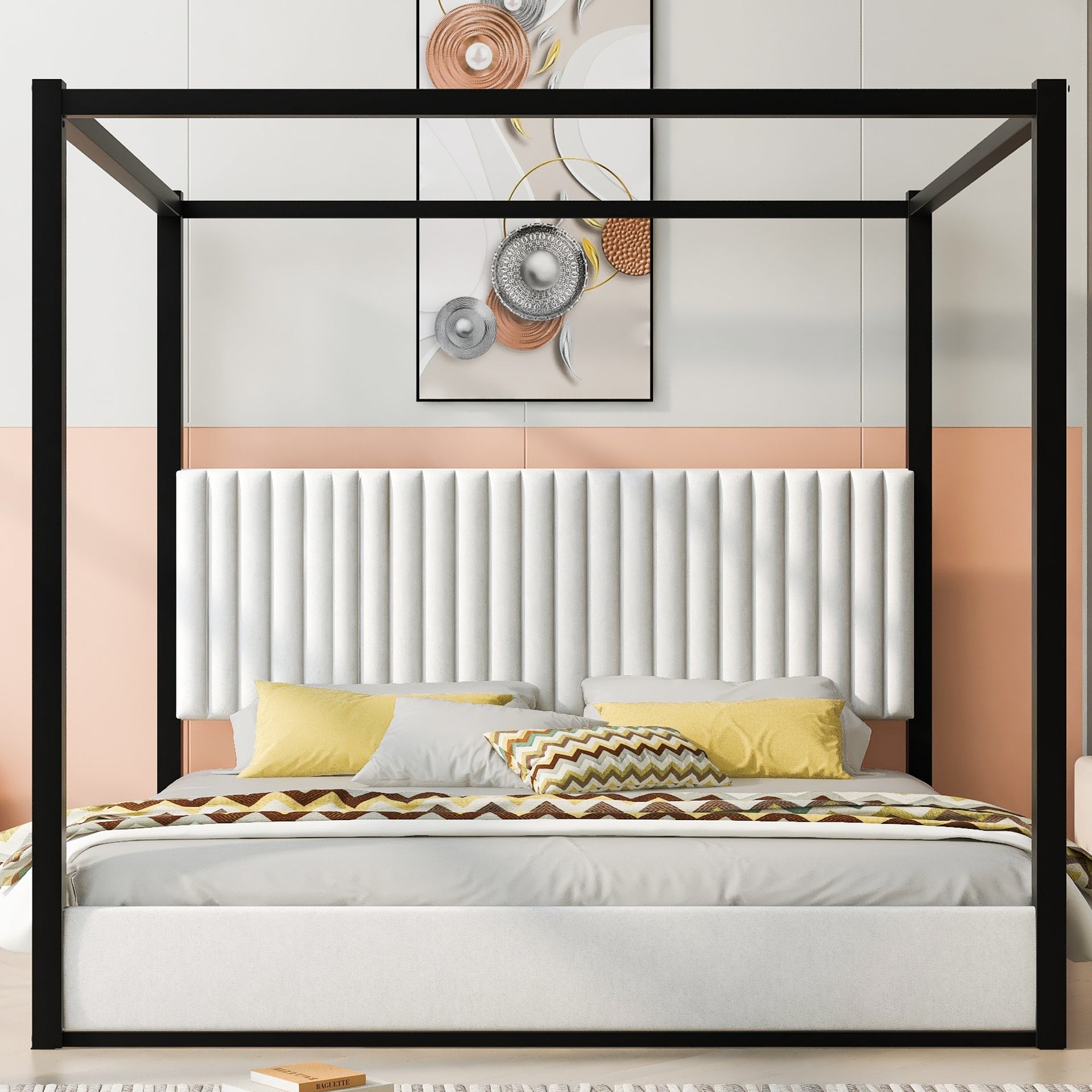 King Size Upholstery Canopy Platform Bed with Headboard and Metal Frame, White