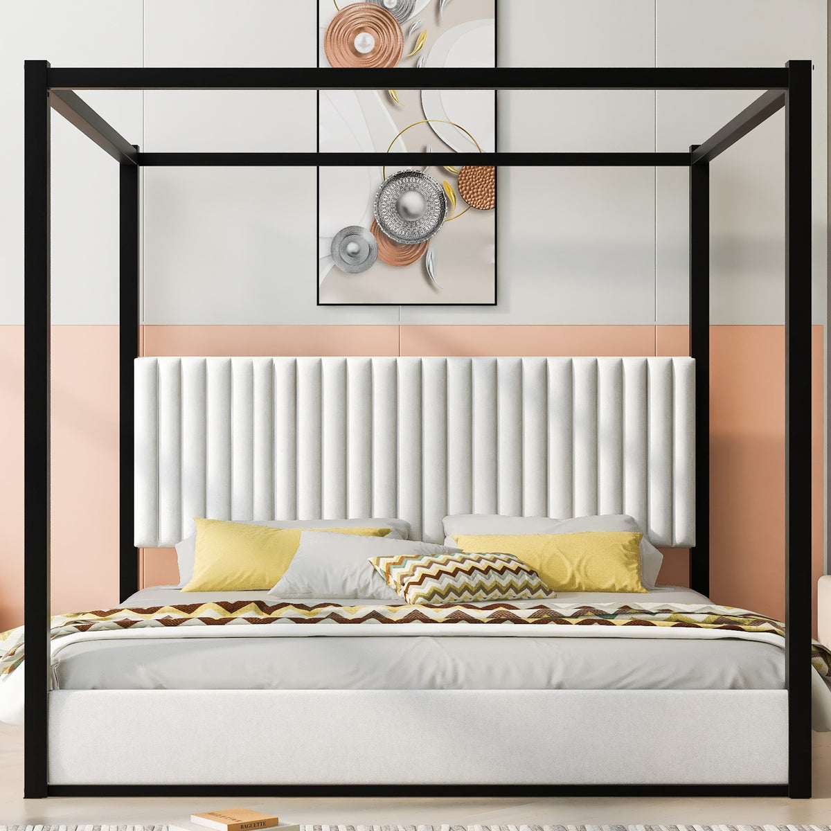 King Size Upholstery Canopy Platform Bed with Headboard and Metal Frame, White