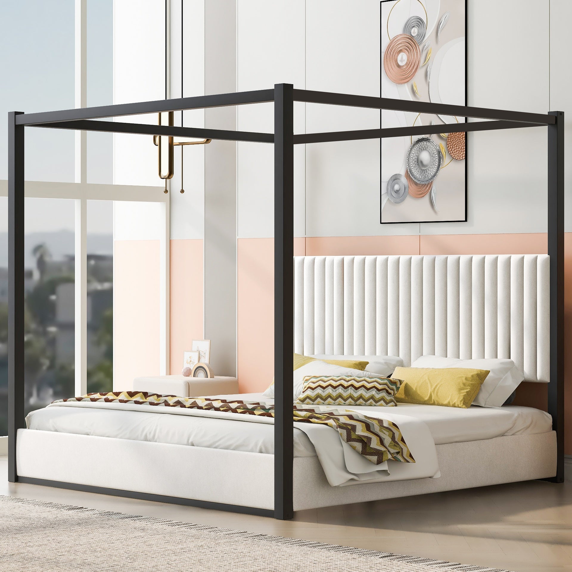 King Size Upholstery Canopy Platform Bed with Headboard and Metal Frame, White