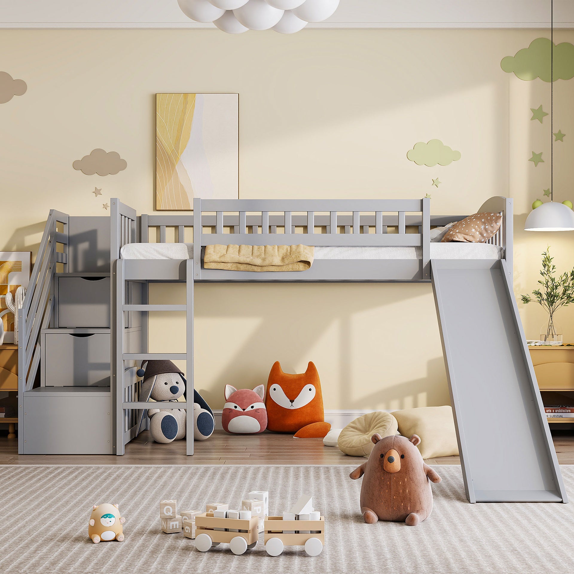 Stairway Twin Size Loft Bed with Two Drawers and Slide,Gray
