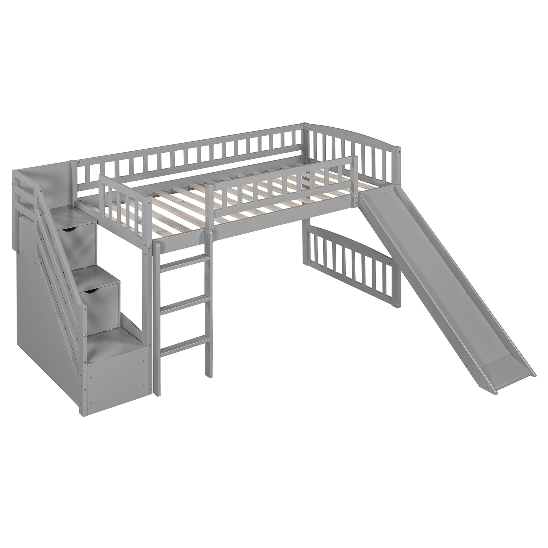 Stairway Twin Size Loft Bed with Two Drawers and Slide,Gray