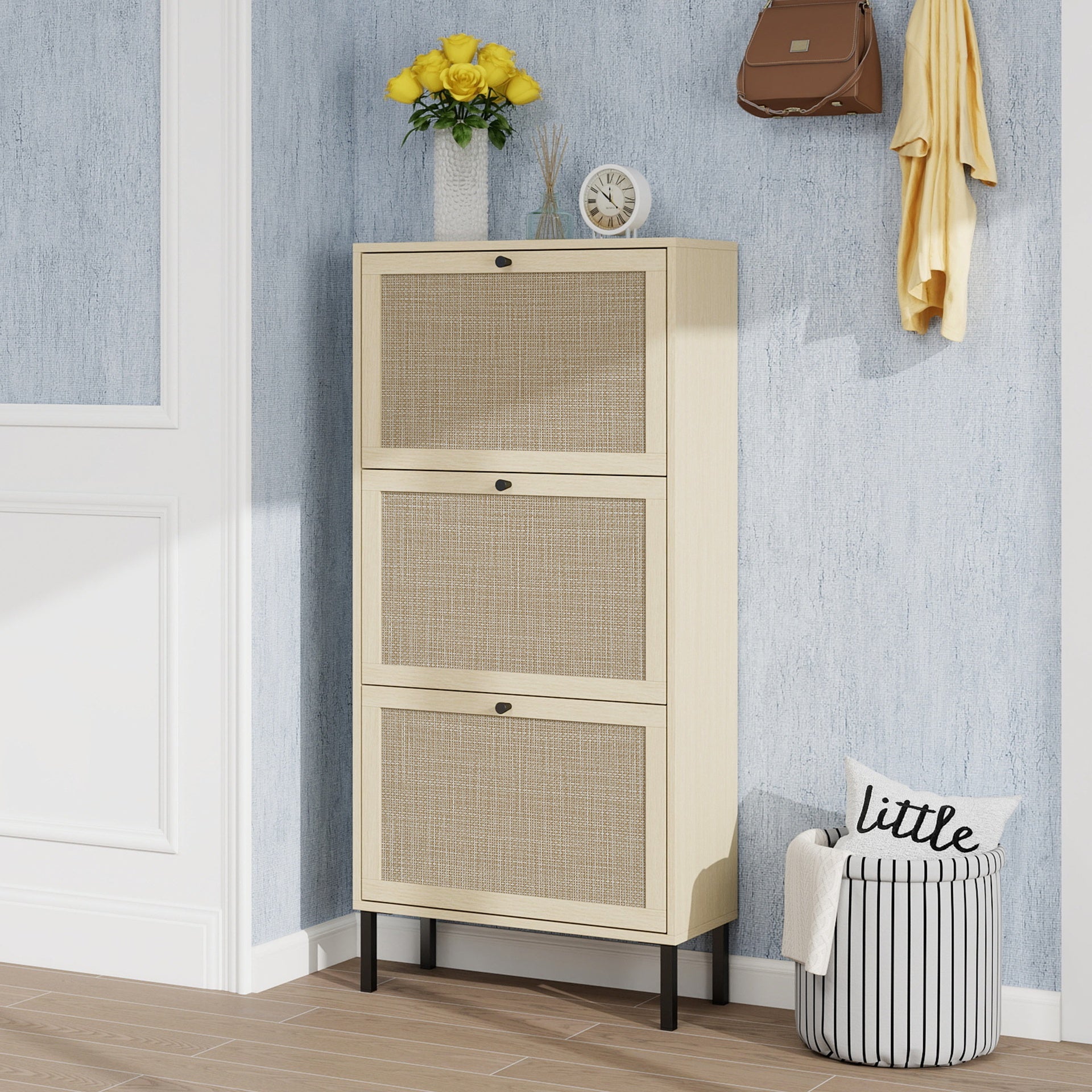 Rattan 3 Door Shoe Rack, Freestanding Modern Shoe Storage Cabinet, for Entryway