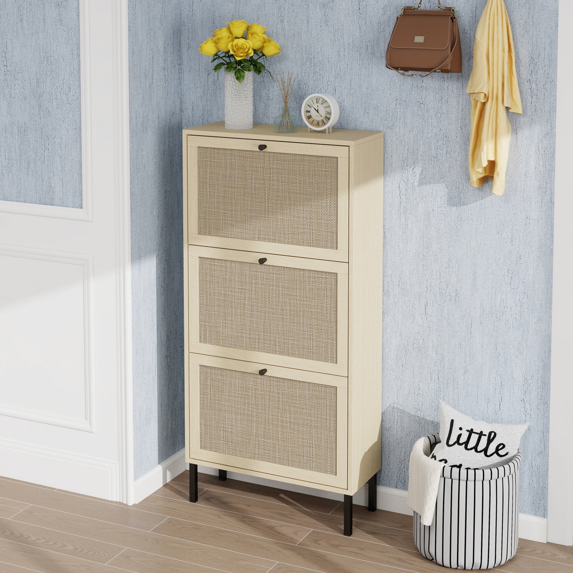 Rattan 3 Door Shoe Rack, Freestanding Modern Shoe Storage Cabinet, for Entryway