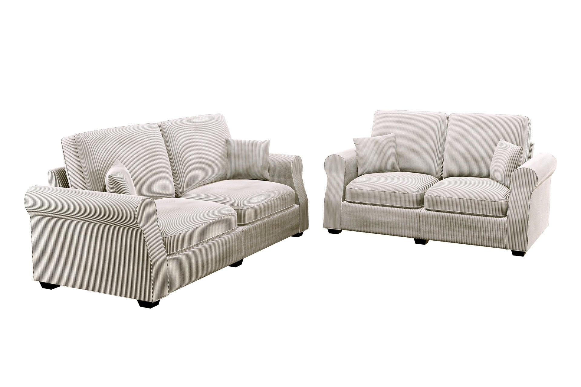 Contemporary Style 2pc Sofa Set Luxurious Corduroy Upholstered Cushion Back Seat Wooden Legs Ivory Finish Primary Living Room Matching Pillow Included