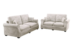 Contemporary Style 2pc Sofa Set Luxurious Corduroy Upholstered Cushion Back Seat Wooden Legs Ivory Finish Primary Living Room Matching Pillow Included