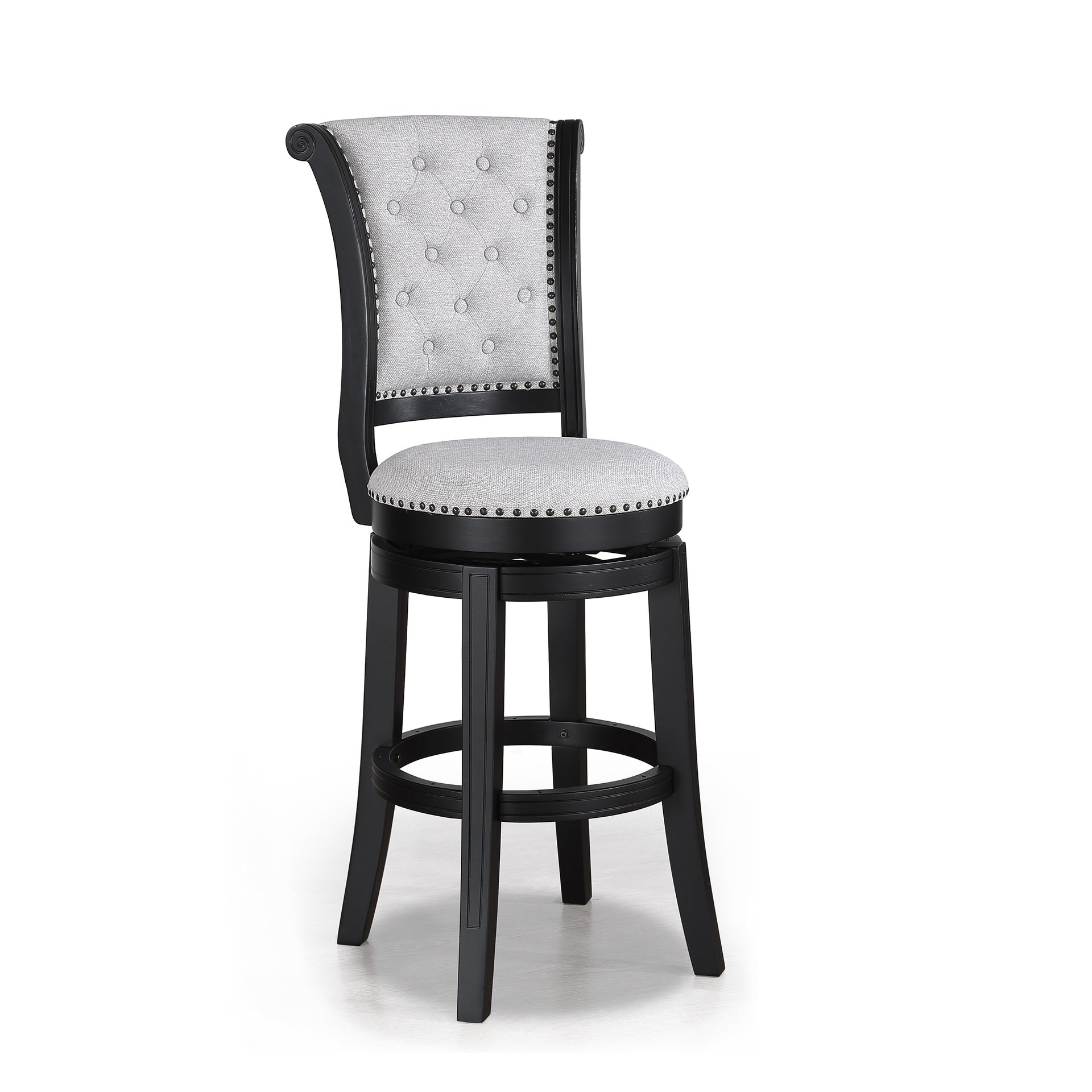 2pc Swivel Pub Stools Counter Height Chair Upholstered Seat Nailhead Trim Footrest Wooden Dining Room Furniture Black/Dove