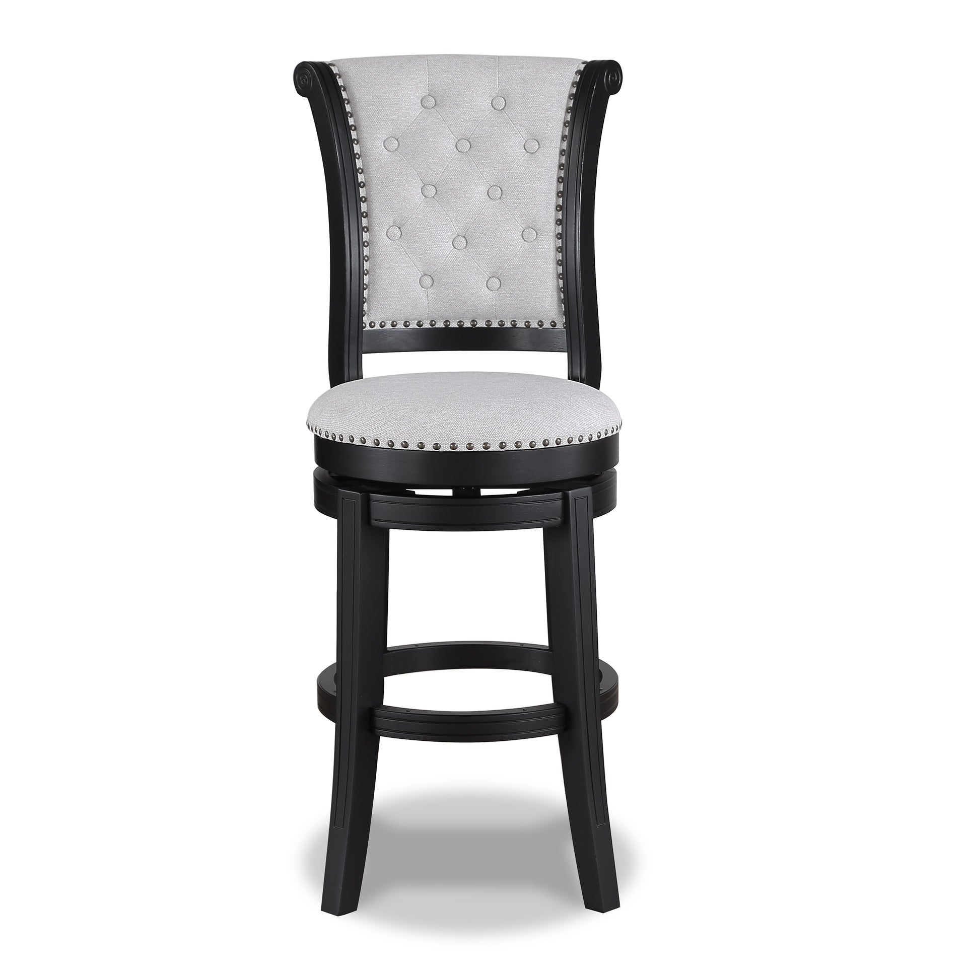 2pc Swivel Pub Stools Counter Height Chair Upholstered Seat Nailhead Trim Footrest Wooden Dining Room Furniture Black/Dove