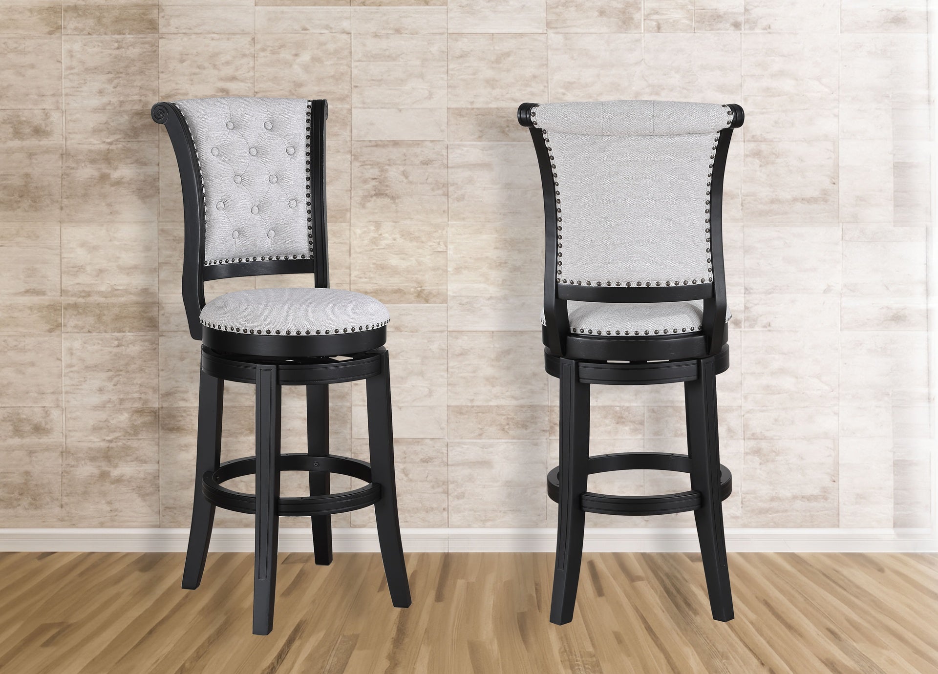 2pc Swivel Pub Stools Counter Height Chair Upholstered Seat Nailhead Trim Footrest Wooden Dining Room Furniture Black/Dove