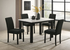 5pc White Faux-marble Top Plush Upholstered Chairs Rich Charcoal Fabric Sleek Black Legs Modern Contemporary