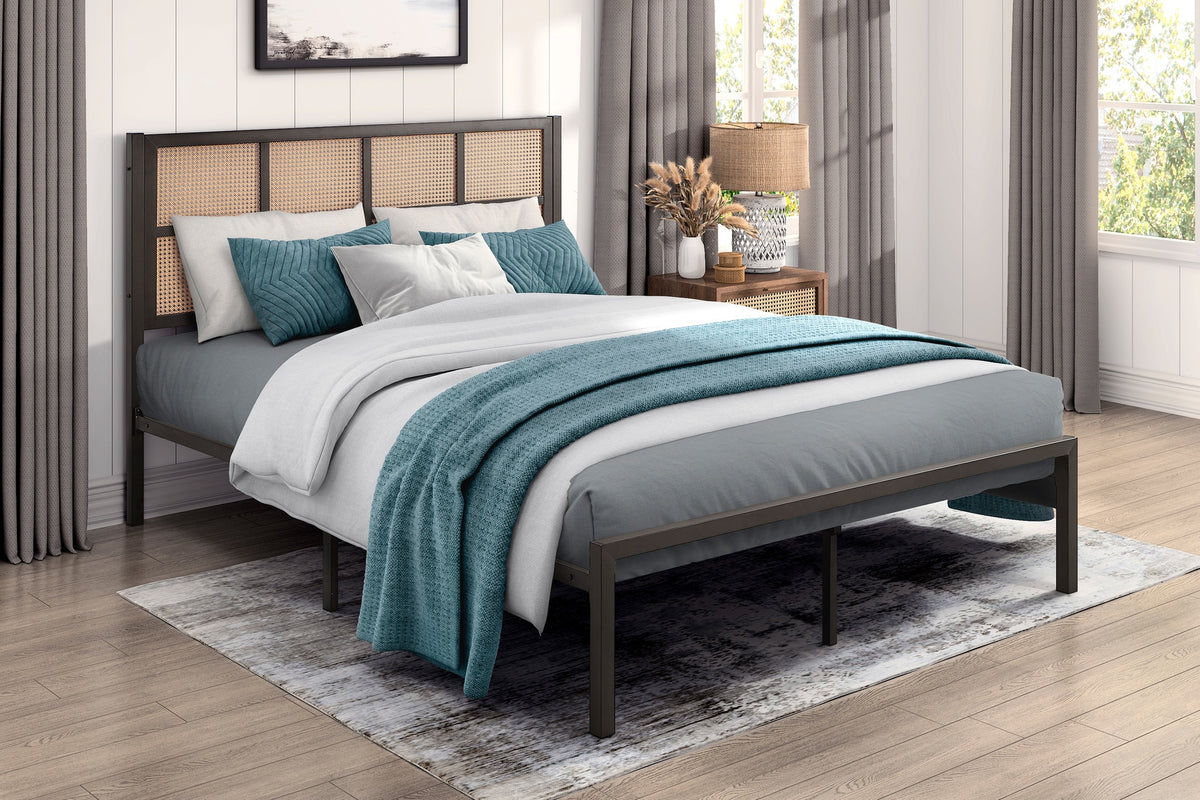 1pc Queen Platform Bed, Metal Frame Dark Bronze Finish Faux Cane Panel Headboard Casual Coastal Bedroom Furniture, Bed in a Box