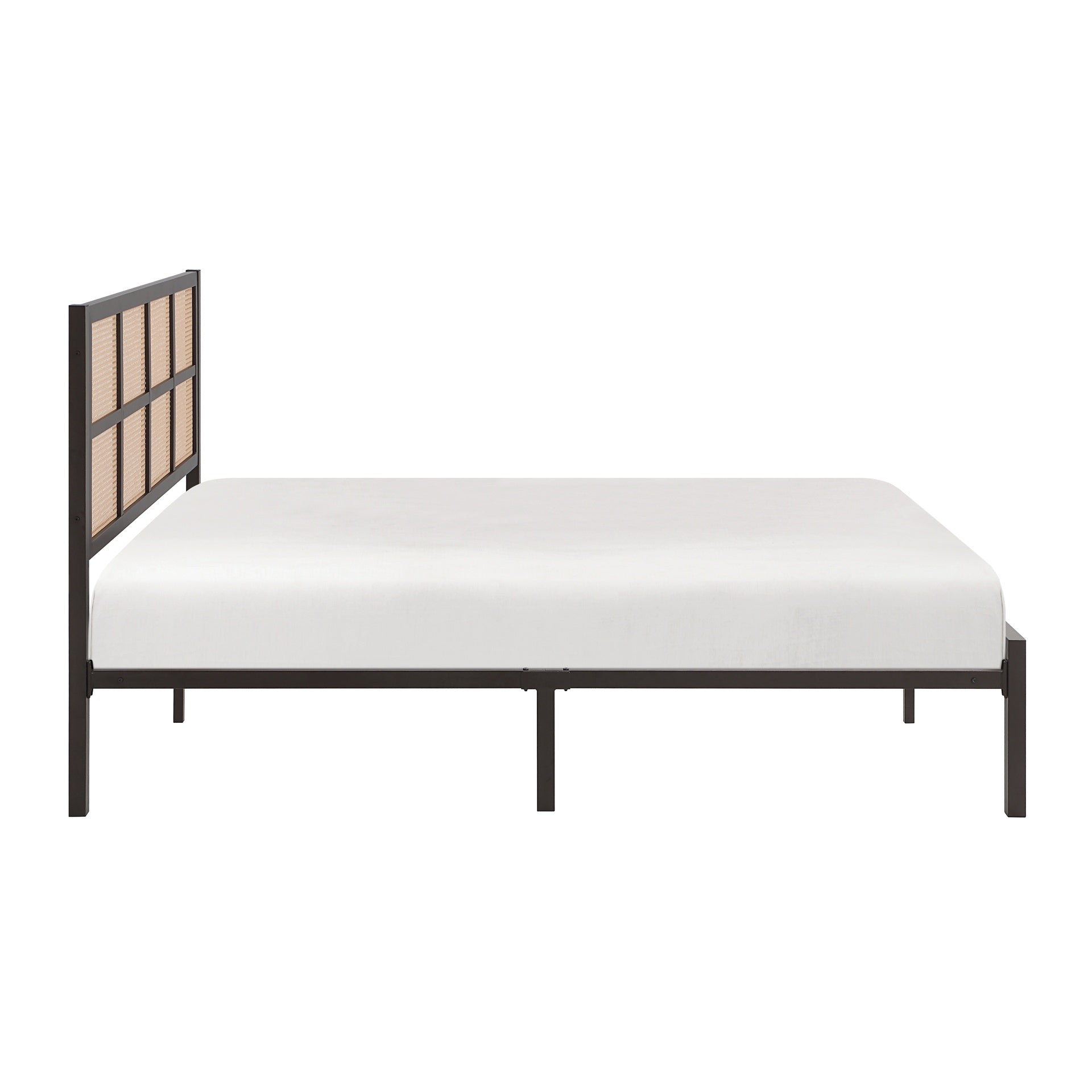 1pc Queen Platform Bed, Metal Frame Dark Bronze Finish Faux Cane Panel Headboard Casual Coastal Bedroom Furniture, Bed in a Box
