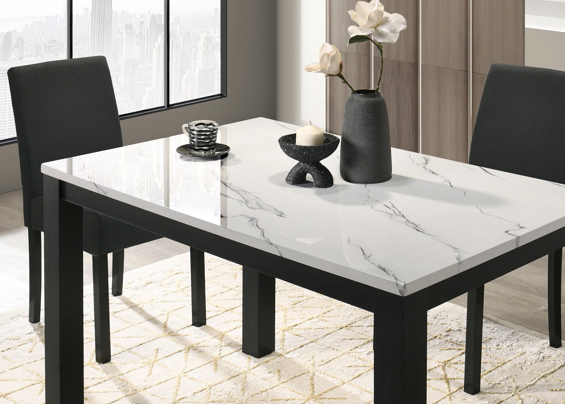 1pc White Faux Marble Black Finish Rectangular Dining Table Wooden Dining Room Furniture