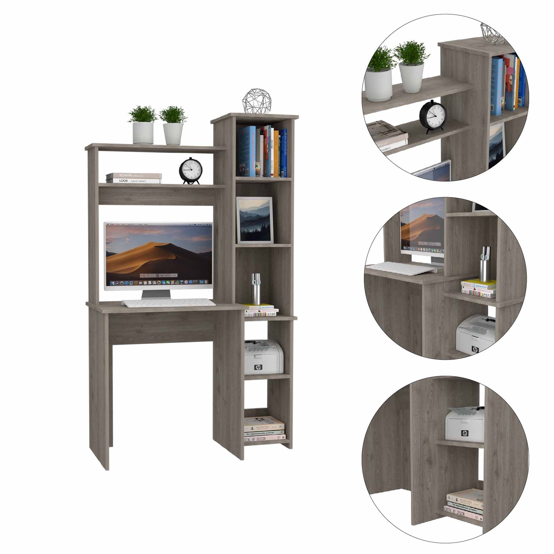 Light Grey 6-Shelf Writing Desk with Built-in Bookcase