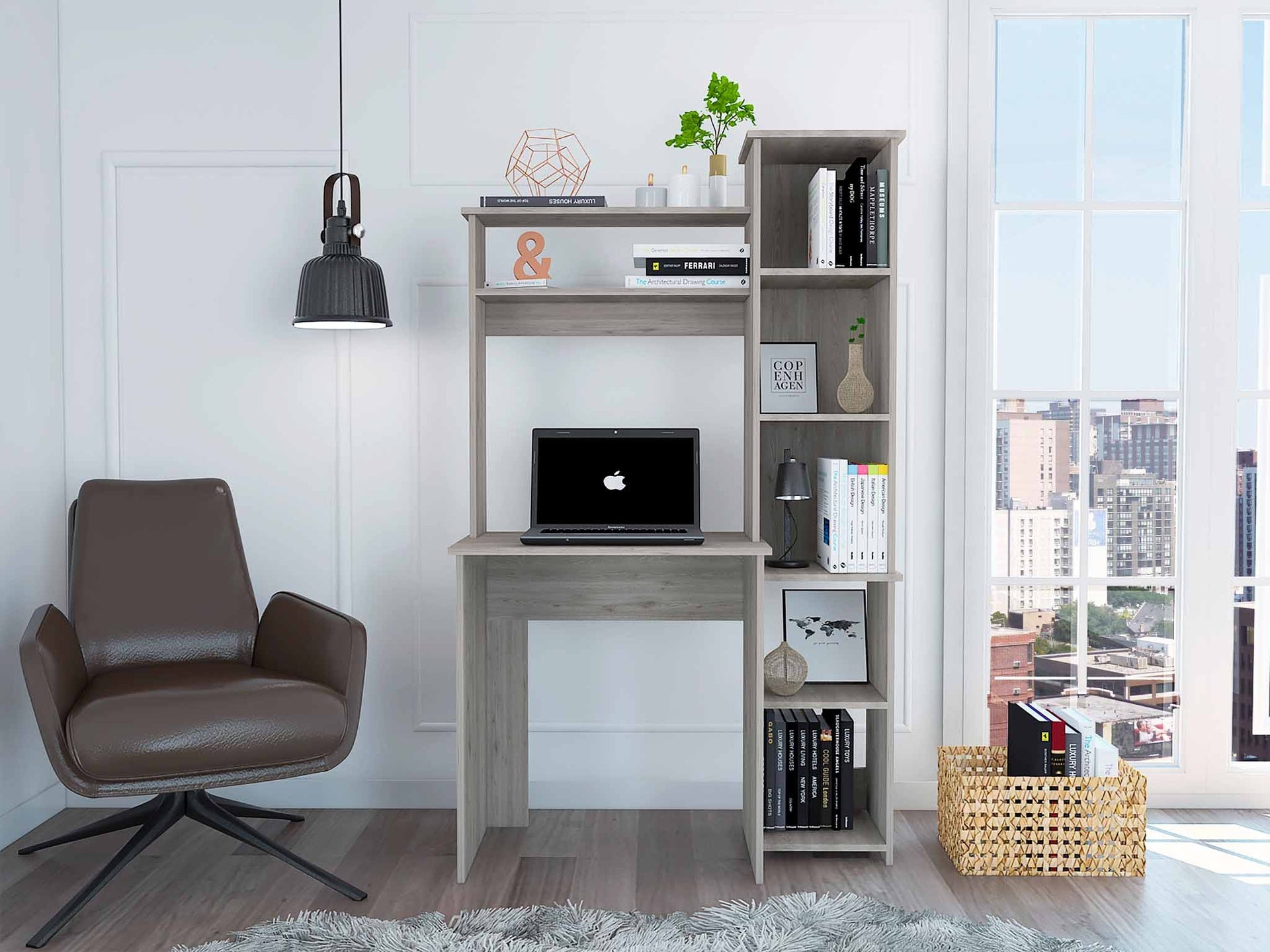 Light Grey 6-Shelf Writing Desk with Built-in Bookcase