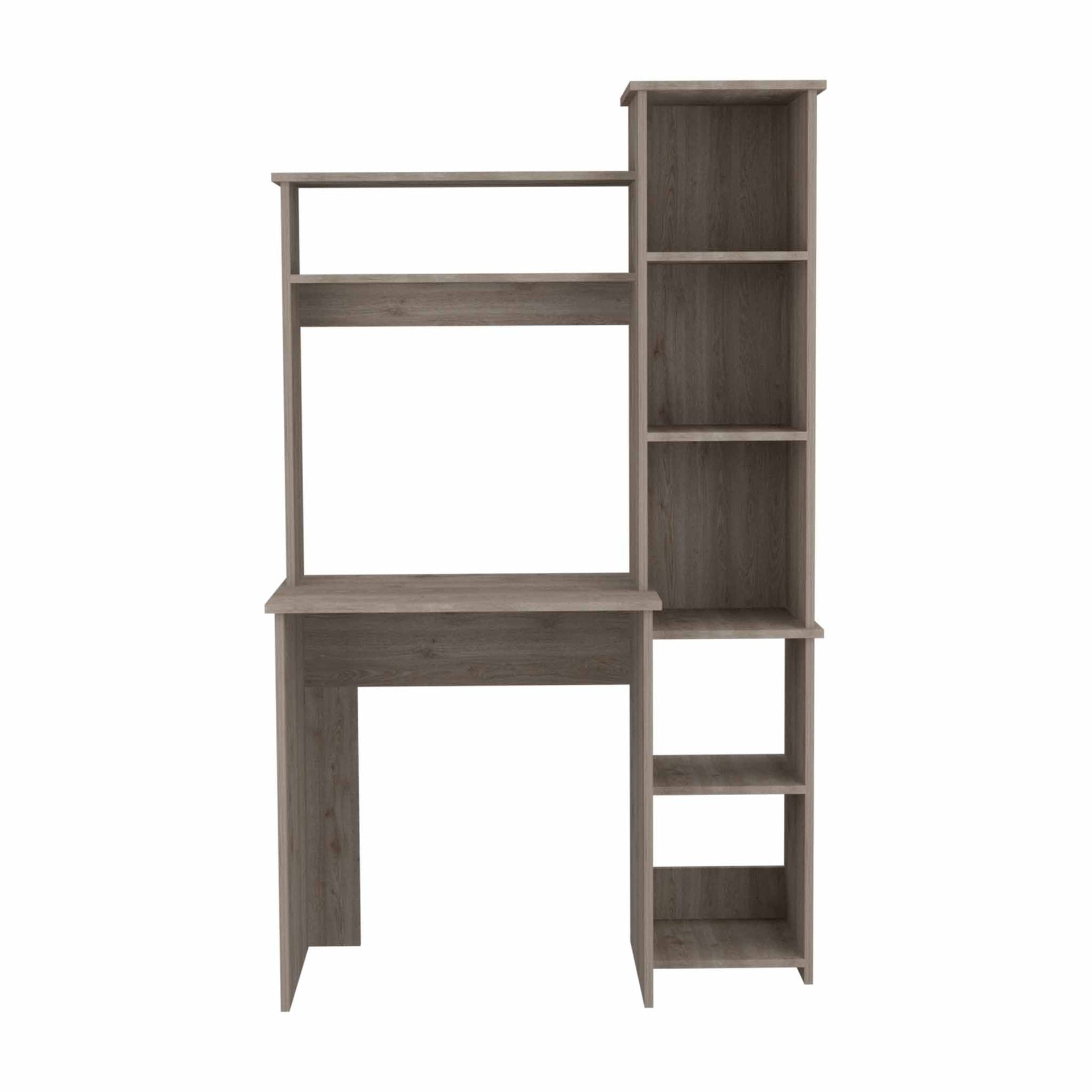 Light Grey 6-Shelf Writing Desk with Built-in Bookcase