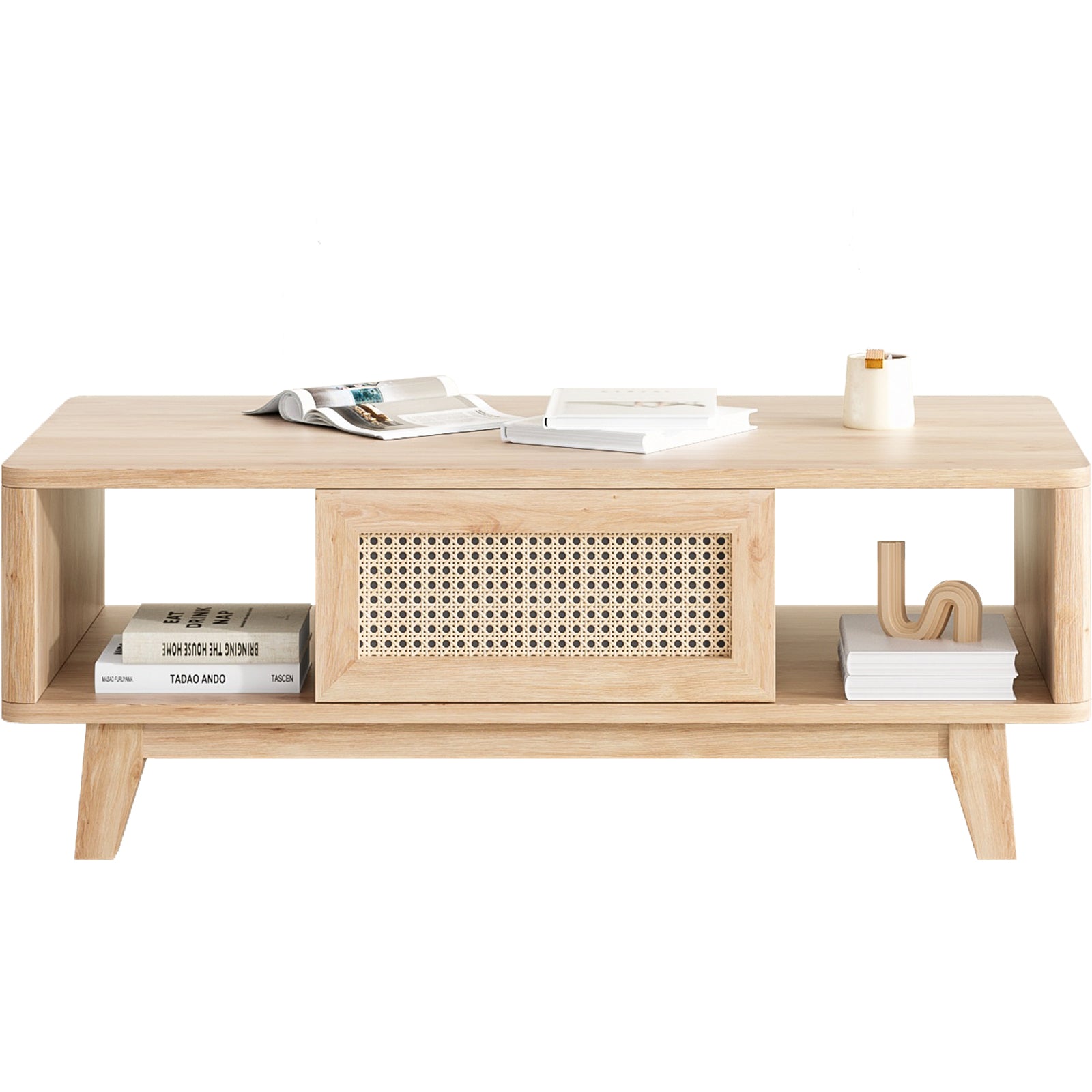 Coffee Table, Mid Century Living Room Tables with Storage, Modern Square with Rattan Drawer, Wooden Living Room Table with Solid Wood Leg