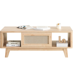 Coffee Table, Mid Century Living Room Tables with Storage, Modern Square with Rattan Drawer, Wooden Living Room Table with Solid Wood Leg